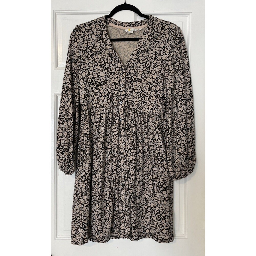 Boden Dress 6R Black Button Through Jersey Floral Stretch Pocket Balloon Sleeve
